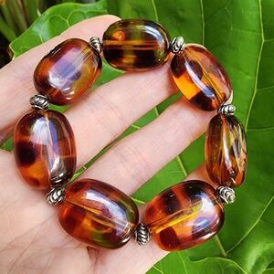 Boho Jewelry Resin Beaded Amber Silver Bracelet Stretchy Oval Stones